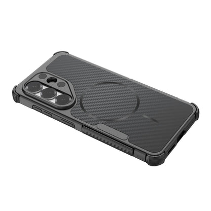 For Galaxy S26 5G Rugged Carbon Fiber Texture Airbag Shockproof Magnetic Phone Case(Black)