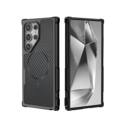 For Galaxy S24 Ultra 5G Rugged Carbon Fiber Texture Airbag Shockproof Magnetic Phone Case - Black - EDA010016105A