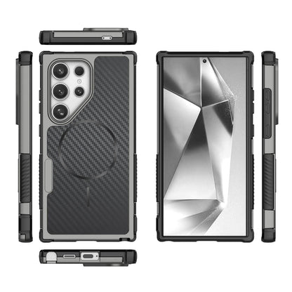 For Galaxy S24 Ultra 5G Rugged Carbon Fiber Texture Airbag Shockproof Magnetic Phone Case - Gray - EDA010016105B