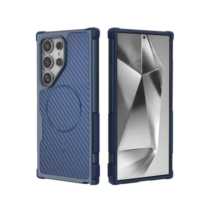 For Galaxy S24 Ultra 5G Rugged Carbon Fiber Texture Airbag Shockproof Magnetic Phone Case - Blue - EDA010016105C
