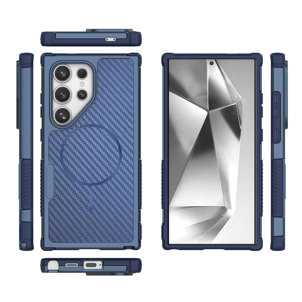 For Galaxy S24 Ultra 5G Rugged Carbon Fiber Texture Airbag Shockproof Magnetic Phone Case - Blue - EDA010016105C