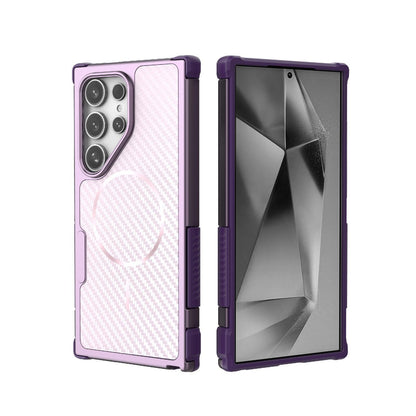 For Galaxy S24 Ultra 5G Rugged Carbon Fiber Texture Airbag Shockproof Magnetic Phone Case - Purple - EDA010016105D