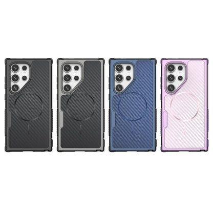 For Galaxy S24 Ultra 5G Rugged Carbon Fiber Texture Airbag Shockproof Magnetic Phone Case - Purple - EDA010016105D