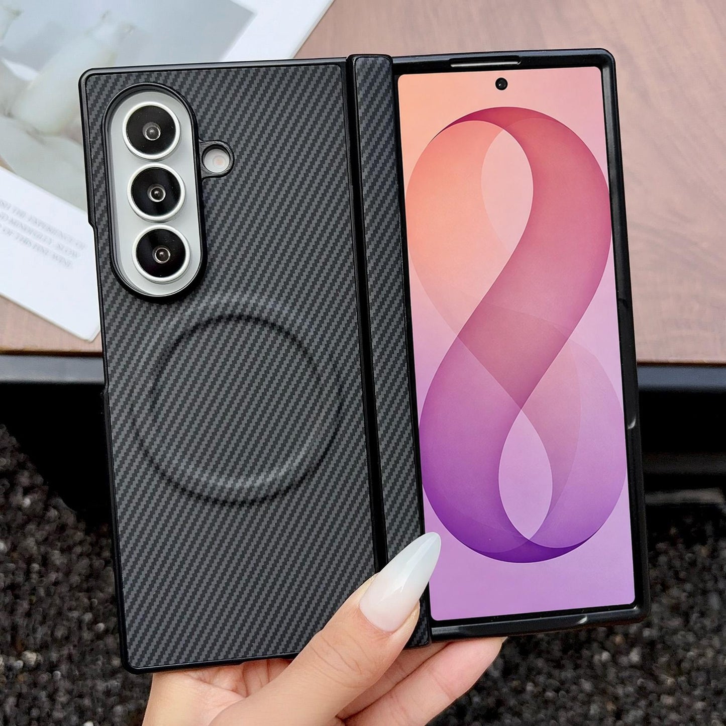For Galaxy Fold8 Ultra 5G Folding Shaft Magsafe Carbon Fiber Texture Leather Phone Case(Black)