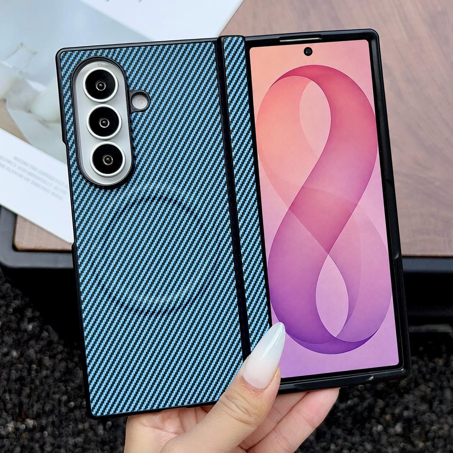 For Galaxy Fold8 Ultra 5G Folding Shaft Magsafe Carbon Fiber Texture Leather Phone Case(Dark Blue)