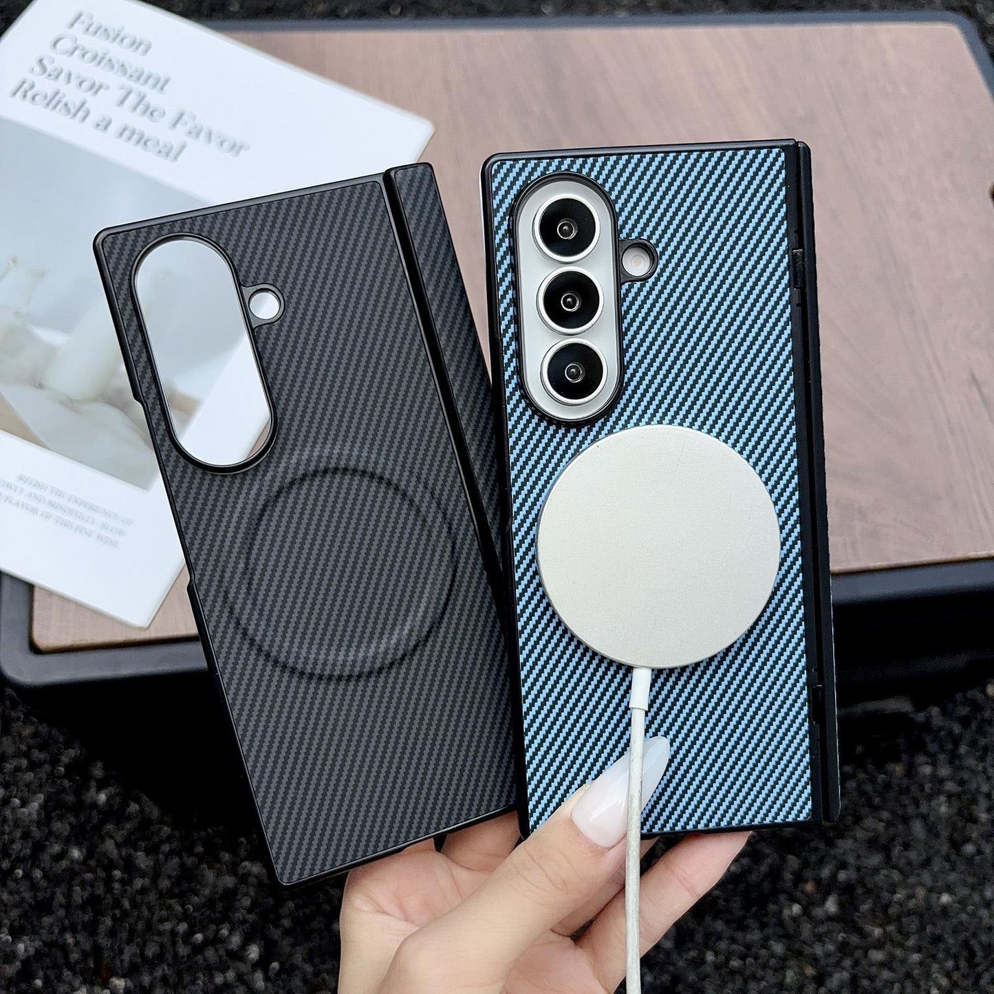 For Galaxy Fold8 Ultra 5G Folding Shaft Magsafe Carbon Fiber Texture Leather Phone Case(Dark Blue)