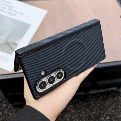 For Galaxy Fold8 Ultra 5G Folding Shaft Magsafe Carbon Fiber Texture Leather Phone Case(Dark Blue)
