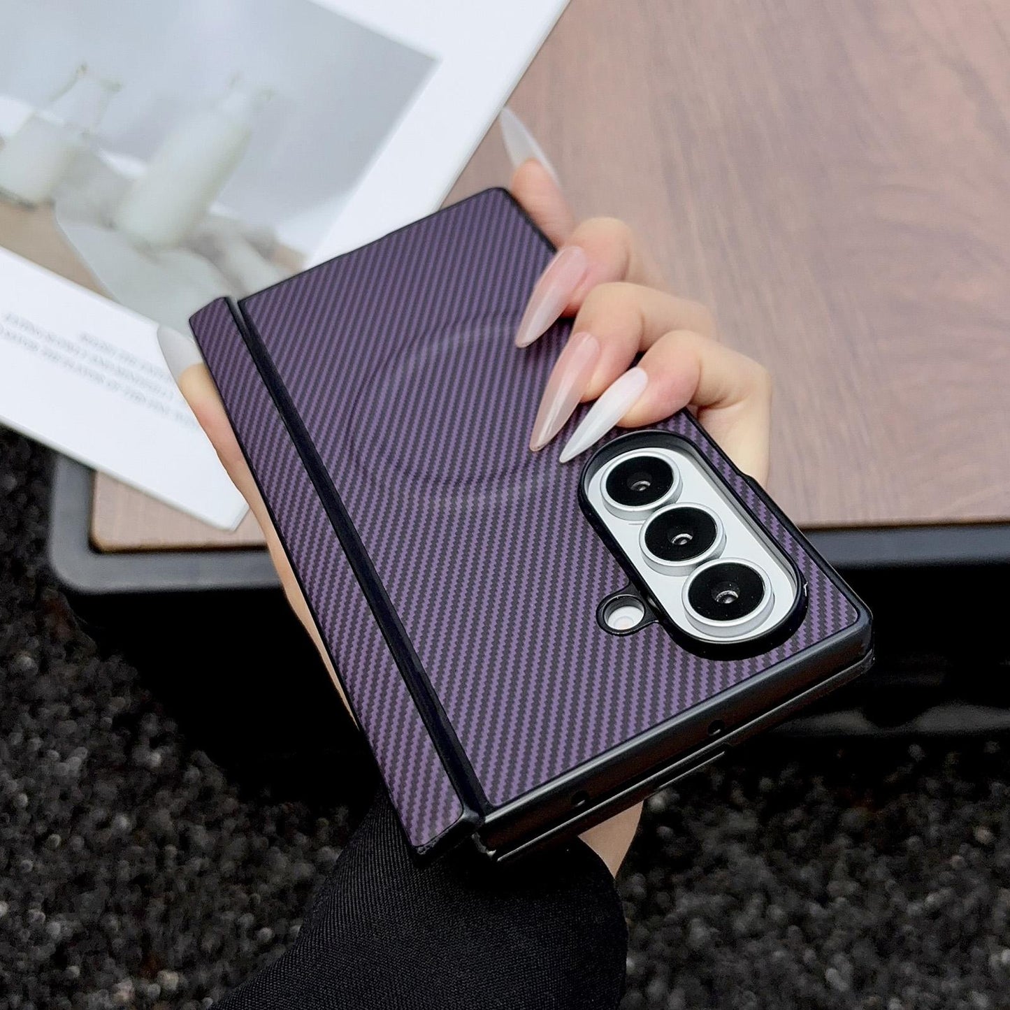 For Galaxy Fold8 Ultra 5G Folding Shaft Magsafe Carbon Fiber Texture Leather Phone Case(Dark Blue)