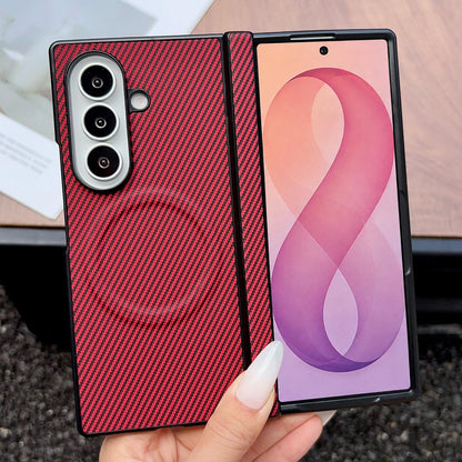 For Galaxy Fold8 Ultra 5G Folding Shaft Magsafe Carbon Fiber Texture Leather Phone Case(Red)
