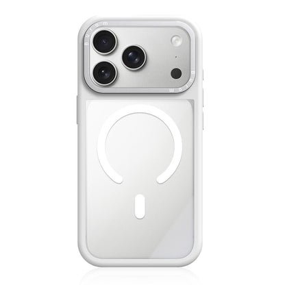 For iPhone 17 Pro Max Liquid Silicone Frame Hybrid Clear Back Panel Magnetic Phone Case(White)