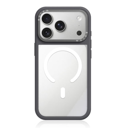 For iPhone 17 Pro Max Liquid Silicone Frame Hybrid Clear Back Panel Magnetic Phone Case(Grey)