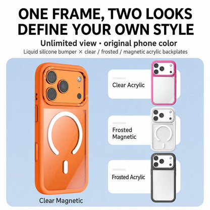 For iPhone 17 Pro Liquid Silicone Frame Hybrid Clear Back Panel Magnetic Phone Case(Rose Pink)