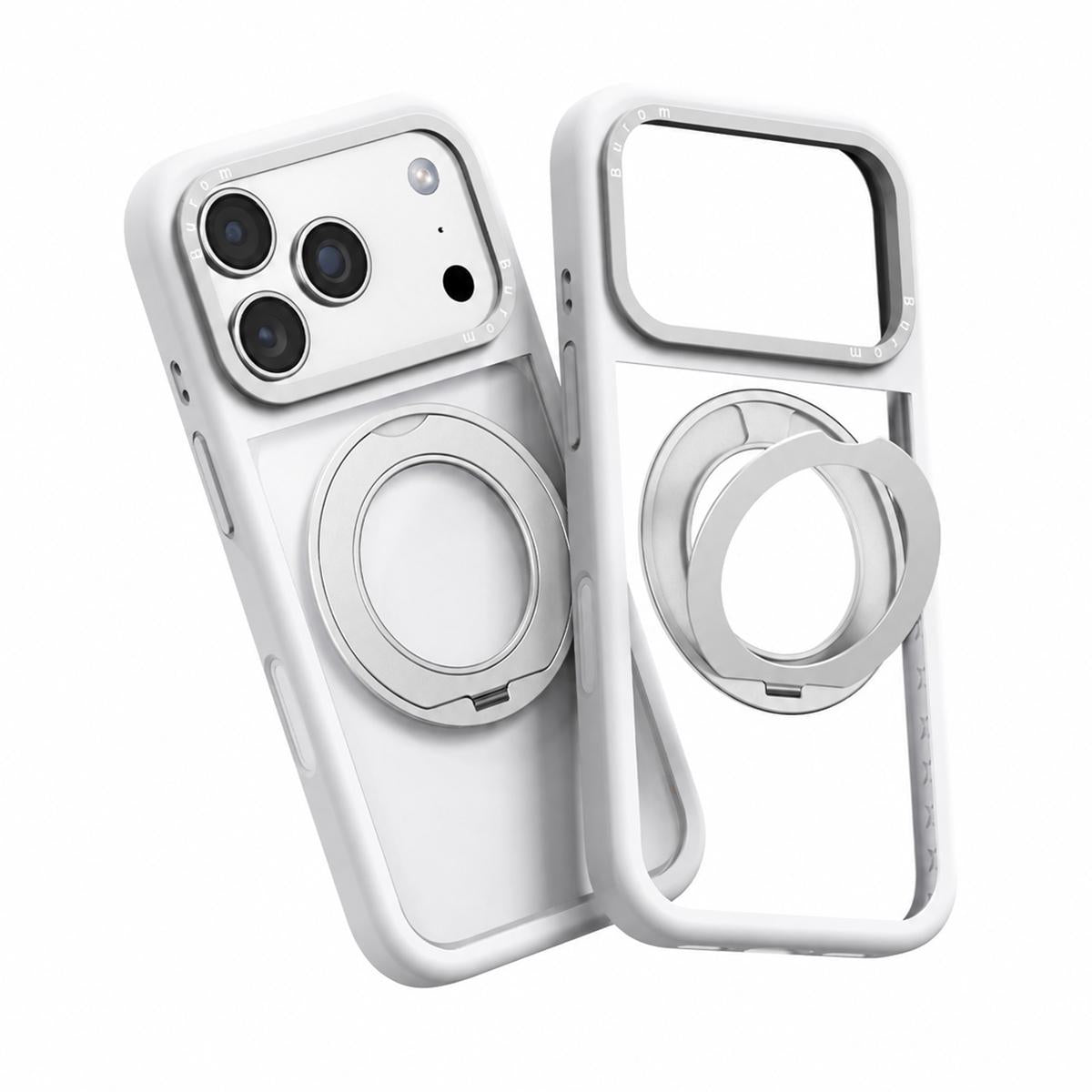 For iPhone 18 Pro Max Liquid Silicone Frame Hybrid Clear Back Panel Rotatable Magnetic Holder Phone Case(White)