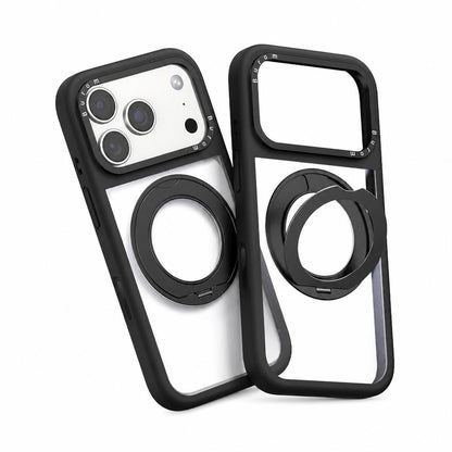 For iPhone 18 Pro Max Liquid Silicone Frame Hybrid Clear Back Panel Rotatable Magnetic Holder Phone Case(Black)