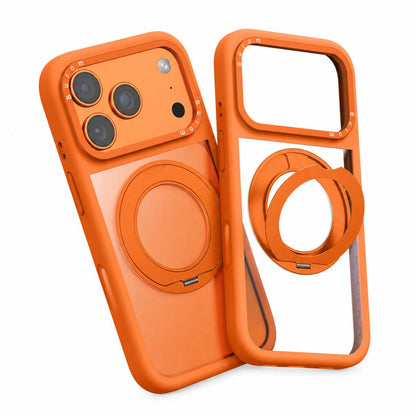 For iPhone 18 Pro Max Liquid Silicone Frame Hybrid Clear Back Panel Rotatable Magnetic Holder Phone Case(Orange)