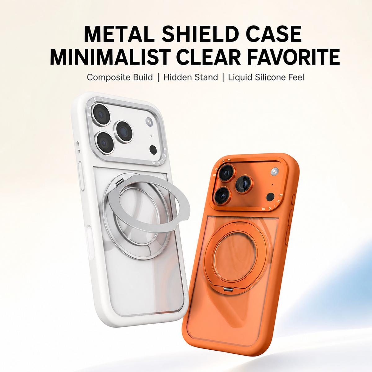 For iPhone 18 Pro Max Liquid Silicone Frame Hybrid Clear Back Panel Rotatable Magnetic Holder Phone Case(Orange)