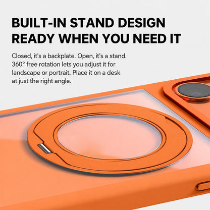 For iPhone 18 Pro Max Liquid Silicone Frame Hybrid Clear Back Panel Rotatable Magnetic Holder Phone Case(Orange)