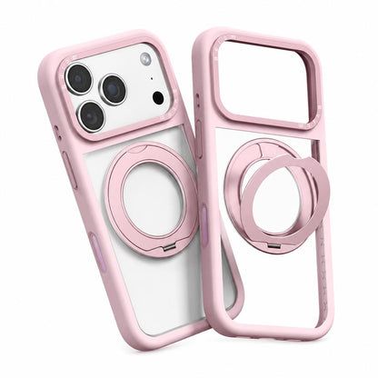 For iPhone 18 Pro Max Liquid Silicone Frame Hybrid Clear Back Panel Rotatable Magnetic Holder Phone Case(Light Pink)