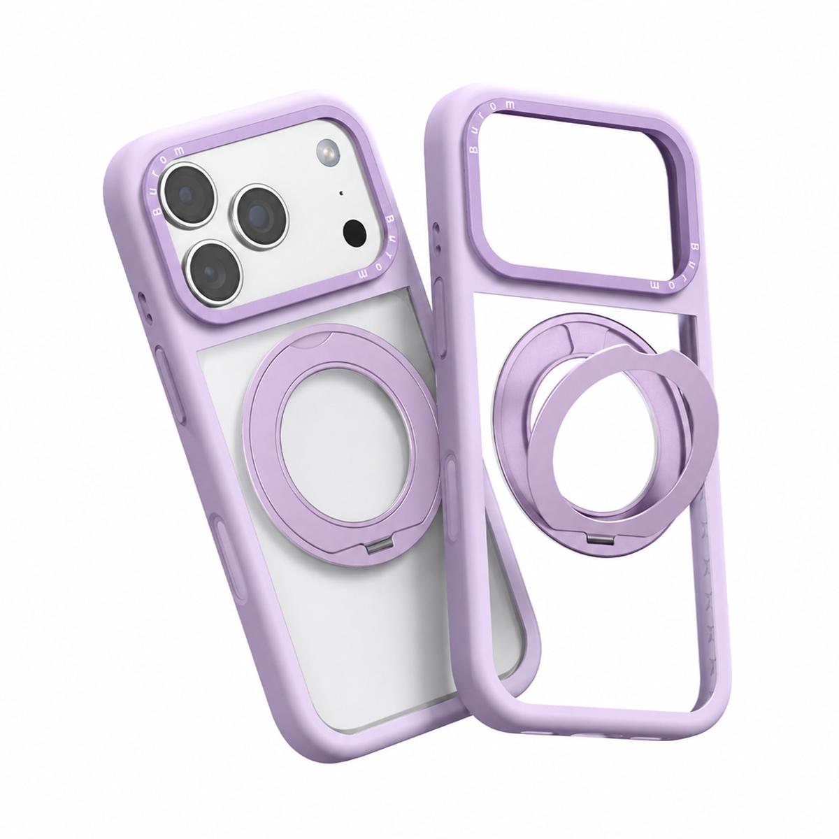 For iPhone 18 Pro Liquid Silicone Frame Hybrid Clear Back Panel Rotatable Magnetic Holder Phone Case(Purple)