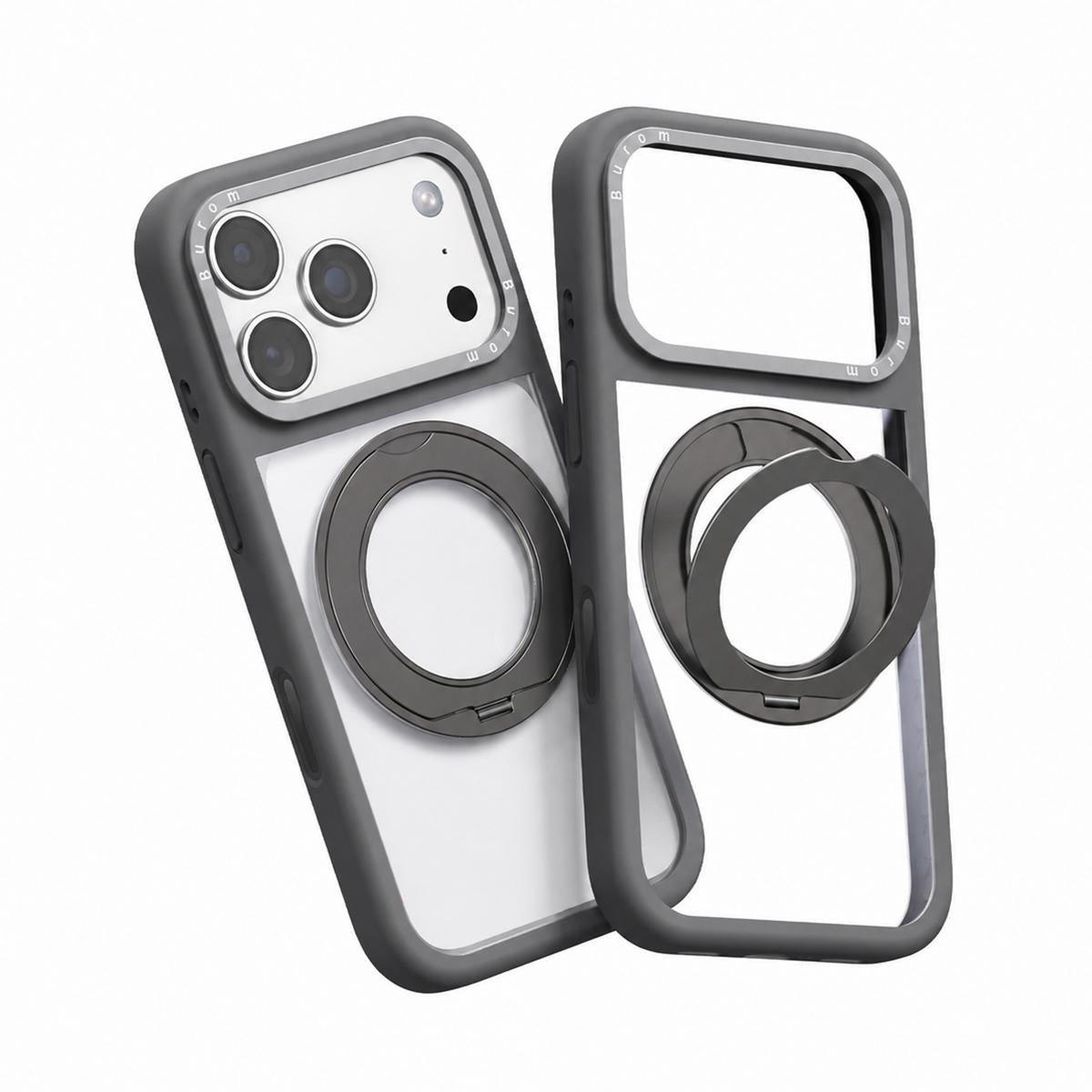 For iPhone 18 Pro Liquid Silicone Frame Hybrid Clear Back Panel Rotatable Magnetic Holder Phone Case(Grey)