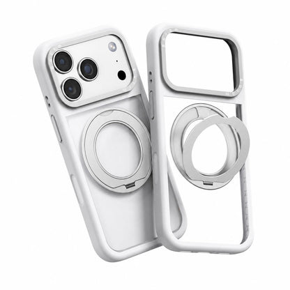 For iPhone 17 Pro Liquid Silicone Frame Hybrid Clear Back Panel Rotatable Magnetic Holder Phone Case(White)