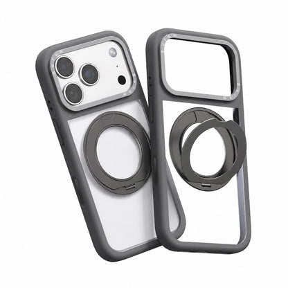 For iPhone 17 Pro Liquid Silicone Frame Hybrid Clear Back Panel Rotatable Magnetic Holder Phone Case(Grey)