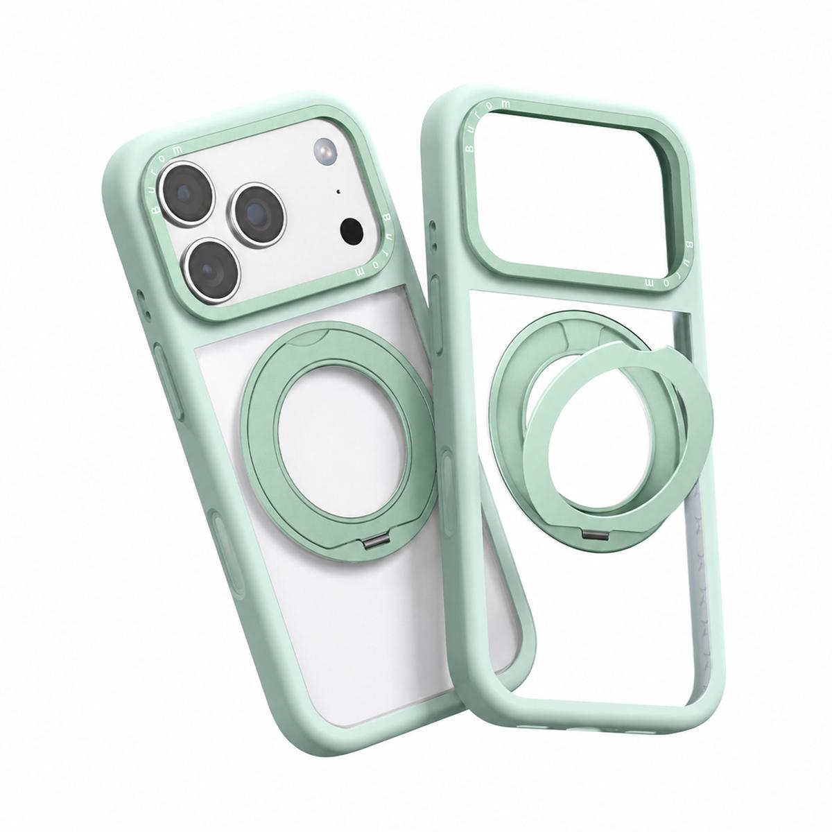 For iPhone 17 Pro Liquid Silicone Frame Hybrid Clear Back Panel Rotatable Magnetic Holder Phone Case(Green)