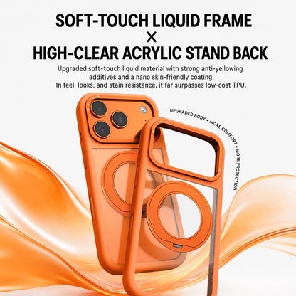 For iPhone 17 Pro Liquid Silicone Frame Hybrid Clear Back Panel Rotatable Magnetic Holder Phone Case(Light Pink)