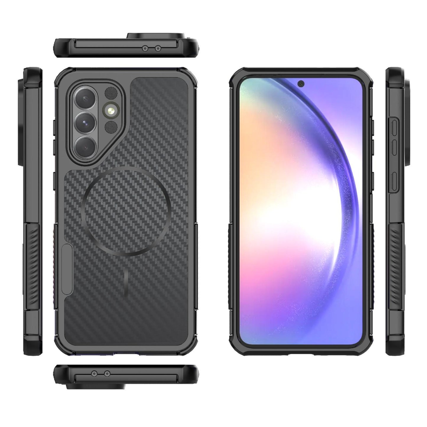 For Galaxy A56 5G Rugged Carbon Fiber Texture Airbag Shockproof Magnetic Phone Case(Black)
