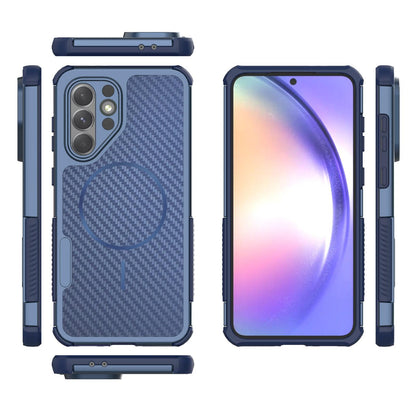 For Galaxy A56 5G Rugged Carbon Fiber Texture Airbag Shockproof Magnetic Phone Case(Blue)