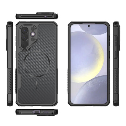 For Galaxy A57 5G Rugged Carbon Fiber Texture Airbag Shockproof Magnetic Phone Case(Black)