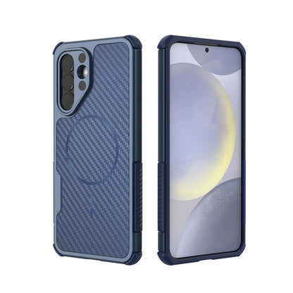 For Galaxy A57 5G Rugged Carbon Fiber Texture Airbag Shockproof Magnetic Phone Case(Blue)
