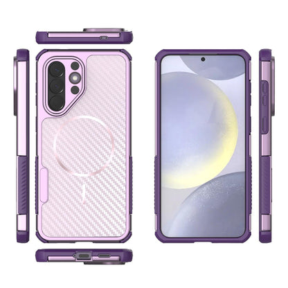 For Galaxy A57 5G Rugged Carbon Fiber Texture Airbag Shockproof Magnetic Phone Case(Purple)