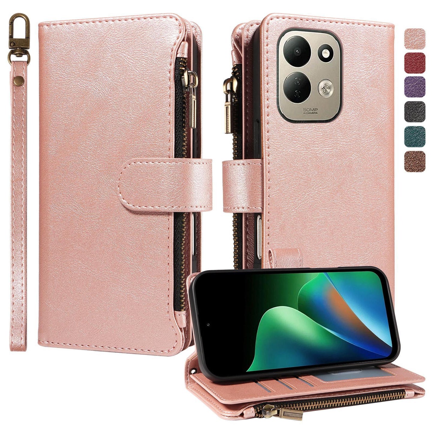 For Redmi 17 5G / 4G Global 170mm Imitation Calf Vegan Leather 9 Card Slots Zipper Phone Case with Wrist Strap(Rose Gold)