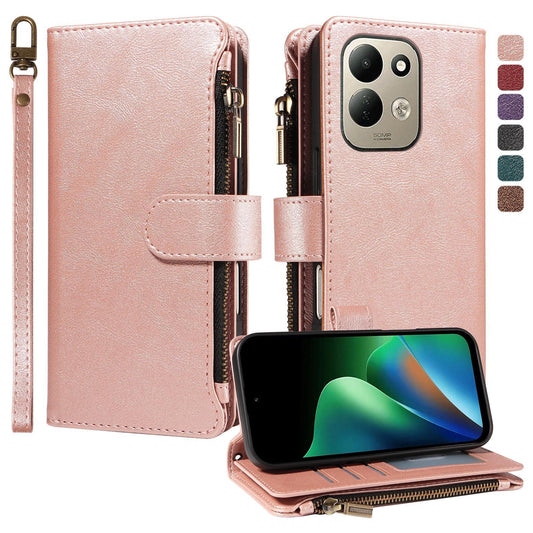 For Redmi 17 5G / 4G Global 170mm Imitation Calf Vegan Leather 9 Card Slots Zipper Phone Case with Wrist Strap(Rose Gold)