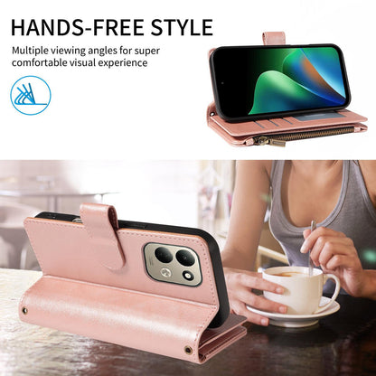 For Redmi 17 5G / 4G Global 170mm Imitation Calf Vegan Leather 9 Card Slots Zipper Phone Case with Wrist Strap(Rose Gold)