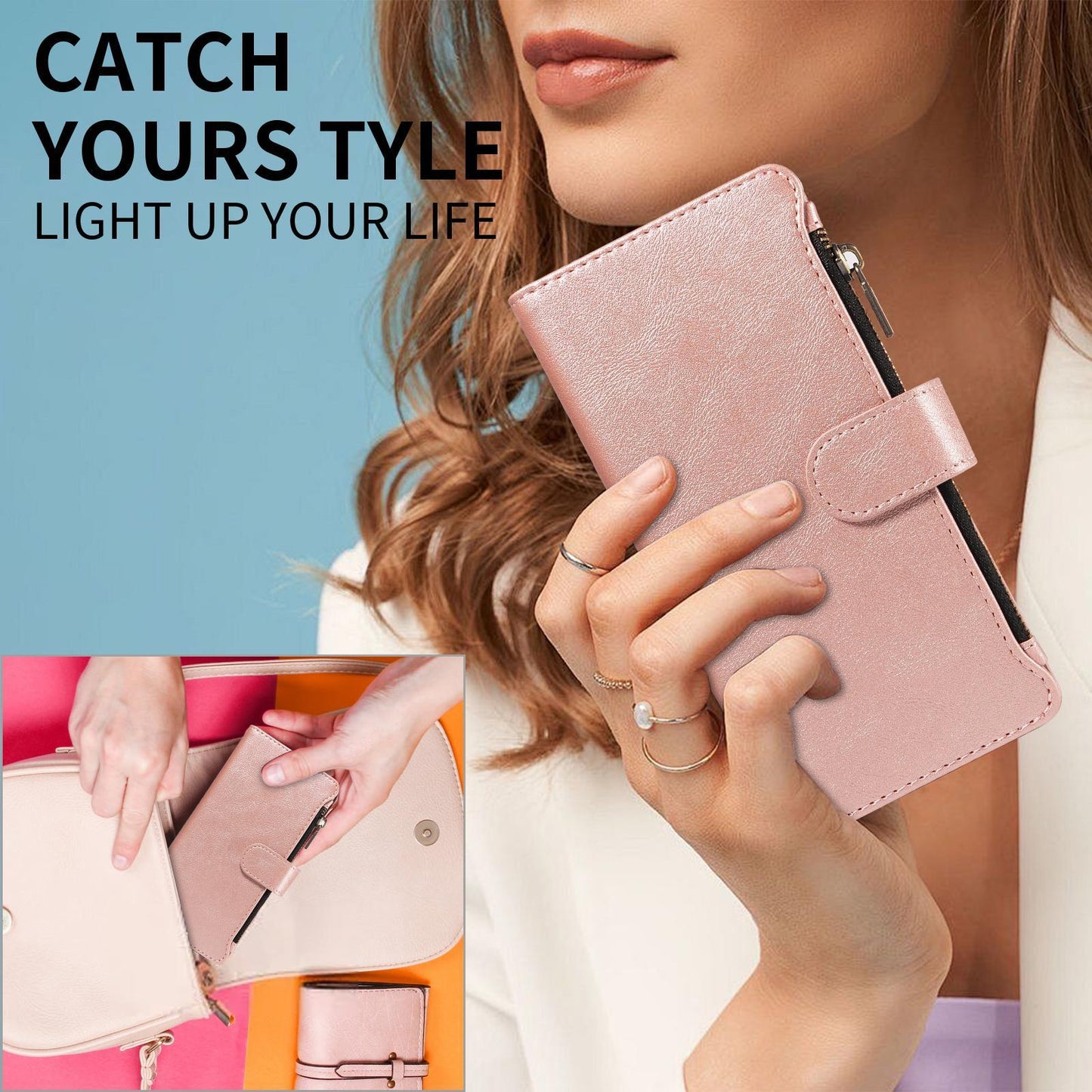 For Redmi 17 5G / 4G Global 170mm Imitation Calf Vegan Leather 9 Card Slots Zipper Phone Case with Wrist Strap(Rose Gold)