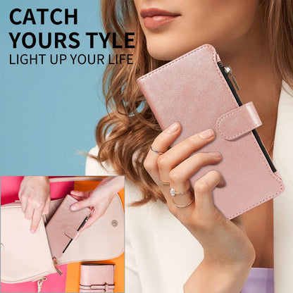 For Redmi 17 5G / 4G Global 170mm Imitation Calf Vegan Leather 9 Card Slots Zipper Phone Case with Wrist Strap(Rose Gold)