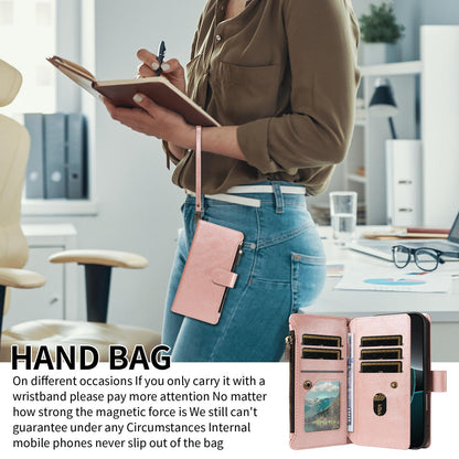 For Redmi 17 5G / 4G Global 170mm Imitation Calf Vegan Leather 9 Card Slots Zipper Phone Case with Wrist Strap(Rose Gold)