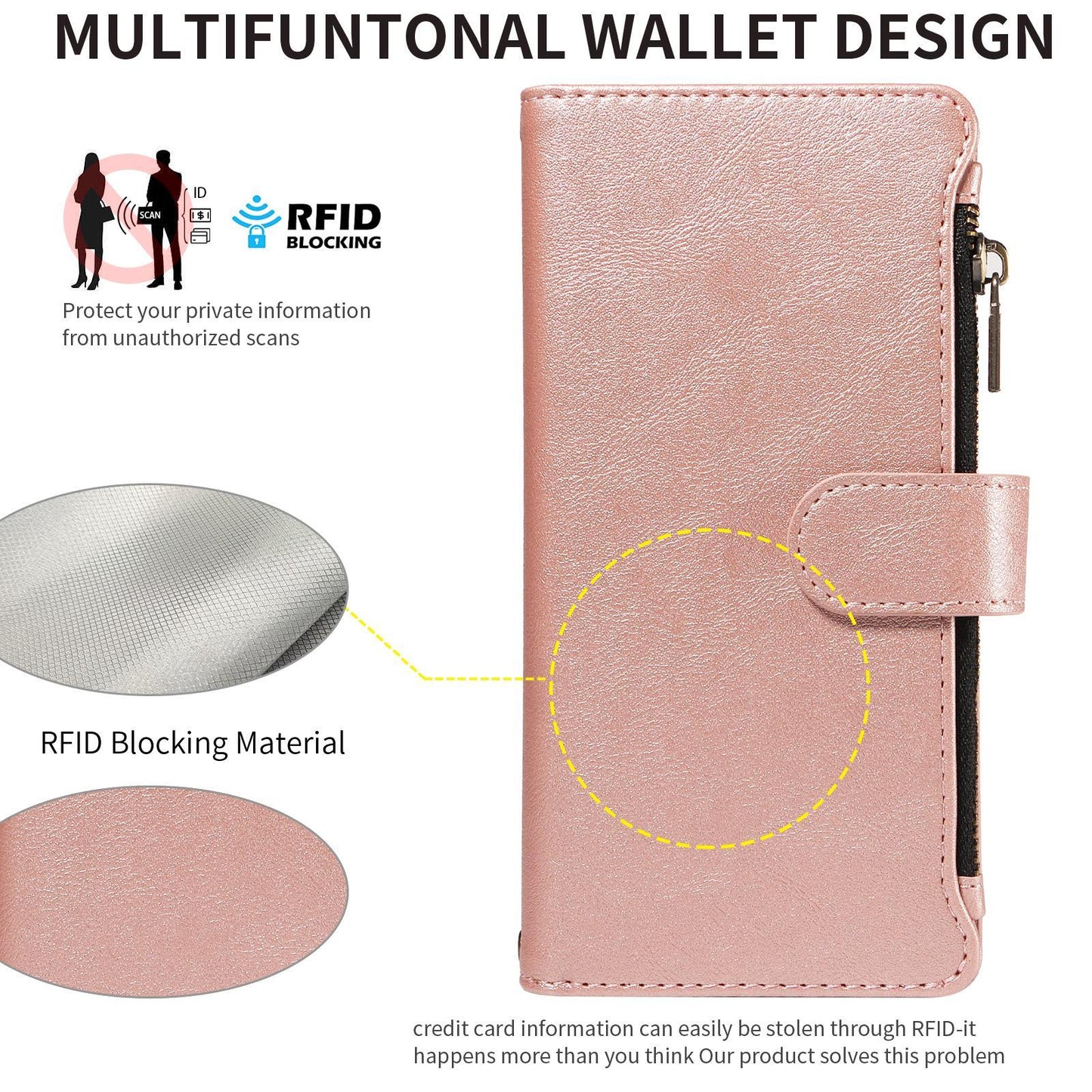For Redmi 17 5G / 4G Global 170mm Imitation Calf Vegan Leather 9 Card Slots Zipper Phone Case with Wrist Strap(Rose Gold)