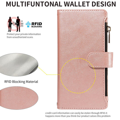 For Redmi 17 5G / 4G Global 170mm Imitation Calf Vegan Leather 9 Card Slots Zipper Phone Case with Wrist Strap(Rose Gold)
