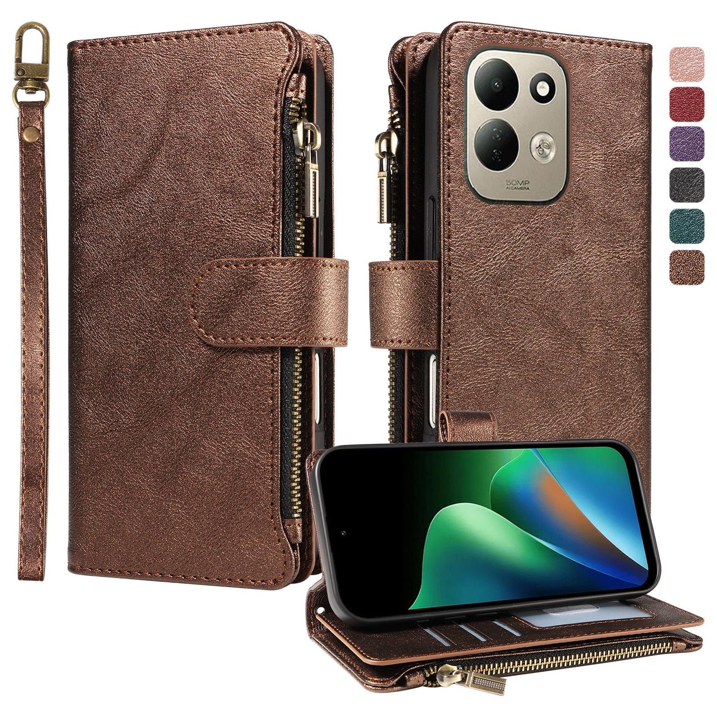 For Redmi 17 5G / 4G Global 170mm Imitation Calf Vegan Leather 9 Card Slots Zipper Phone Case with Wrist Strap(Bronze)