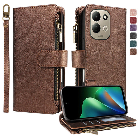 For Redmi 17 5G / 4G Global 170mm Imitation Calf Vegan Leather 9 Card Slots Zipper Phone Case with Wrist Strap(Bronze)