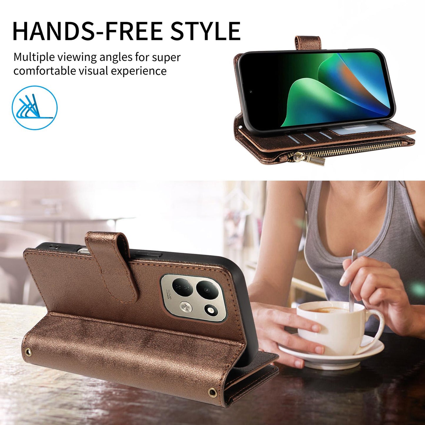 For Redmi 17 5G / 4G Global 170mm Imitation Calf Vegan Leather 9 Card Slots Zipper Phone Case with Wrist Strap(Bronze)