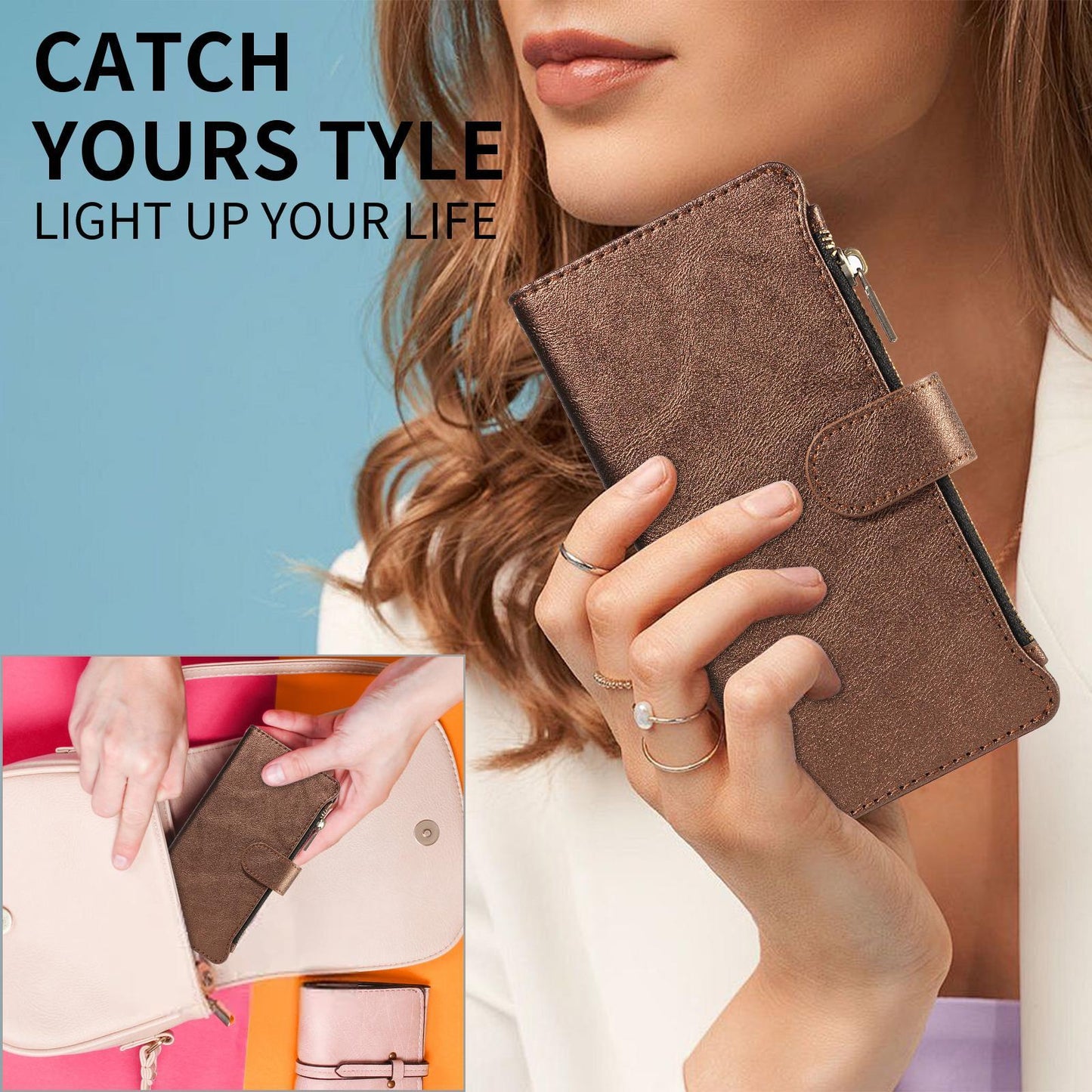 For Redmi 17 5G / 4G Global 170mm Imitation Calf Vegan Leather 9 Card Slots Zipper Phone Case with Wrist Strap(Bronze)