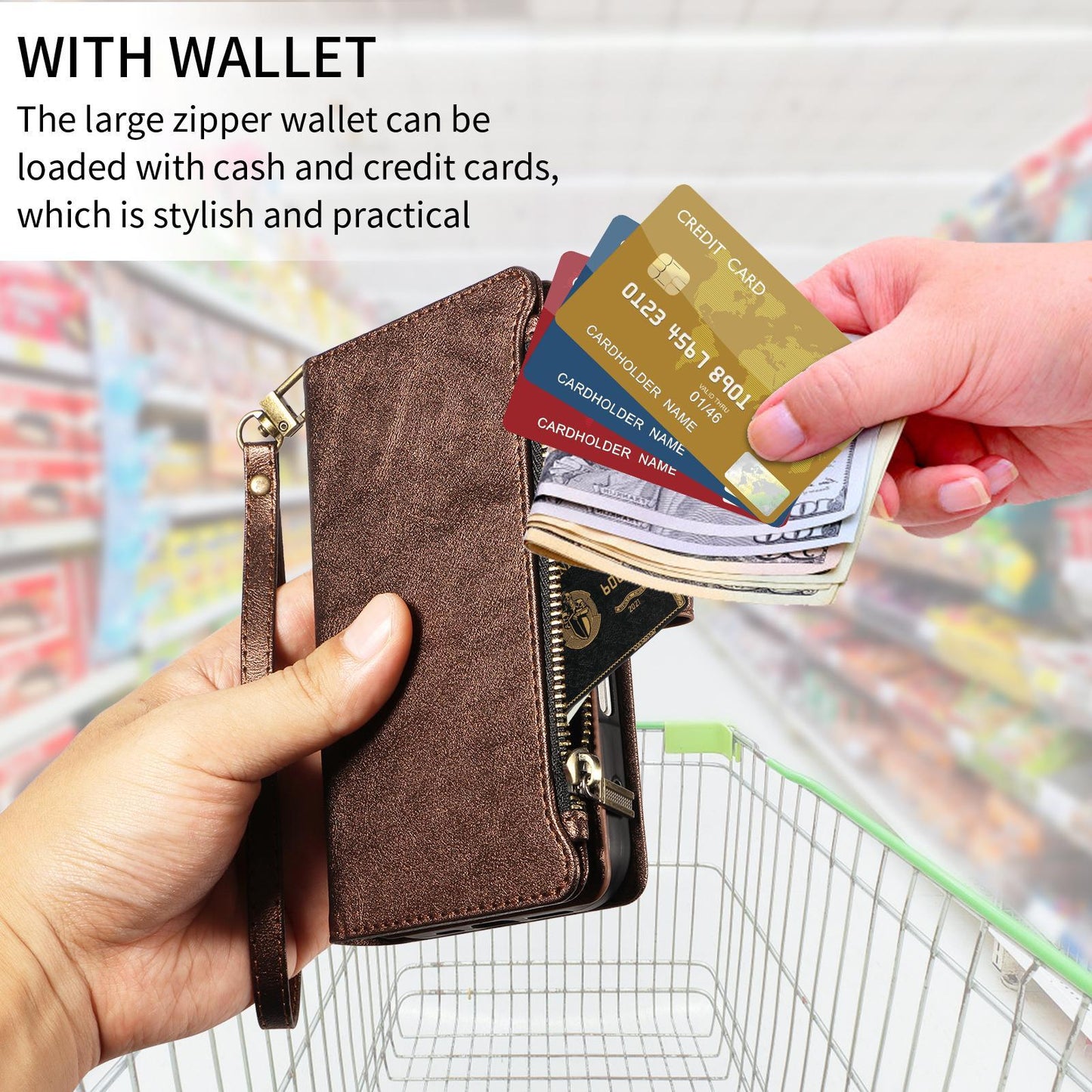 For Redmi 17 5G / 4G Global 170mm Imitation Calf Vegan Leather 9 Card Slots Zipper Phone Case with Wrist Strap(Bronze)