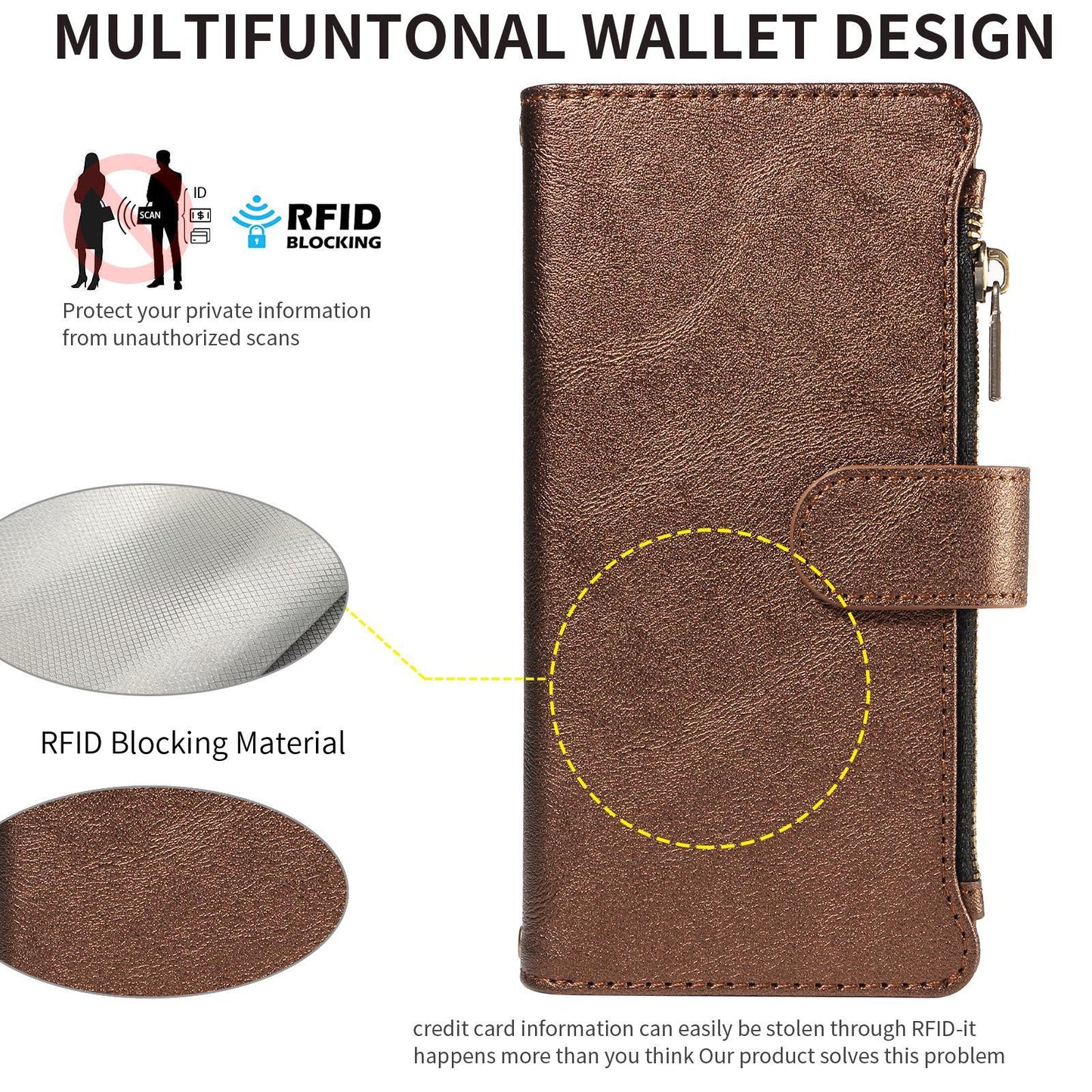 For Redmi 17 5G / 4G Global 170mm Imitation Calf Vegan Leather 9 Card Slots Zipper Phone Case with Wrist Strap(Bronze)
