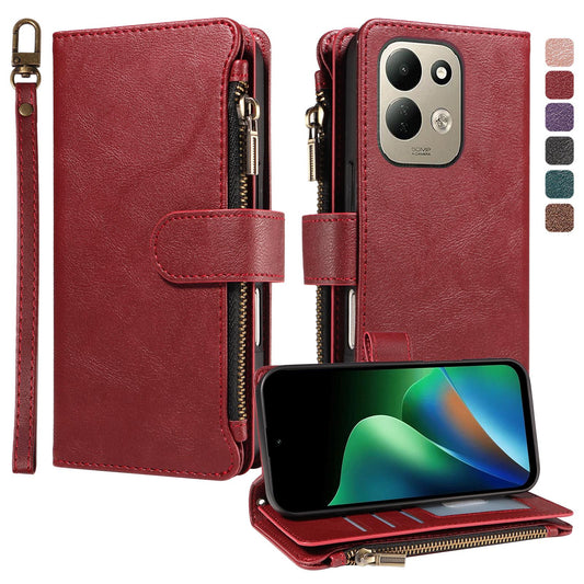 For Redmi 17 5G / 4G Global 170mm Imitation Calf Vegan Leather 9 Card Slots Zipper Phone Case with Wrist Strap(Red)