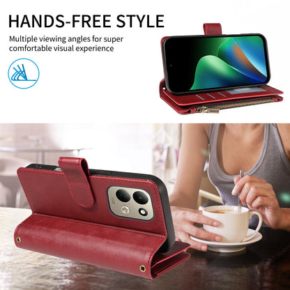 For Redmi 17 5G / 4G Global 170mm Imitation Calf Vegan Leather 9 Card Slots Zipper Phone Case with Wrist Strap(Red)