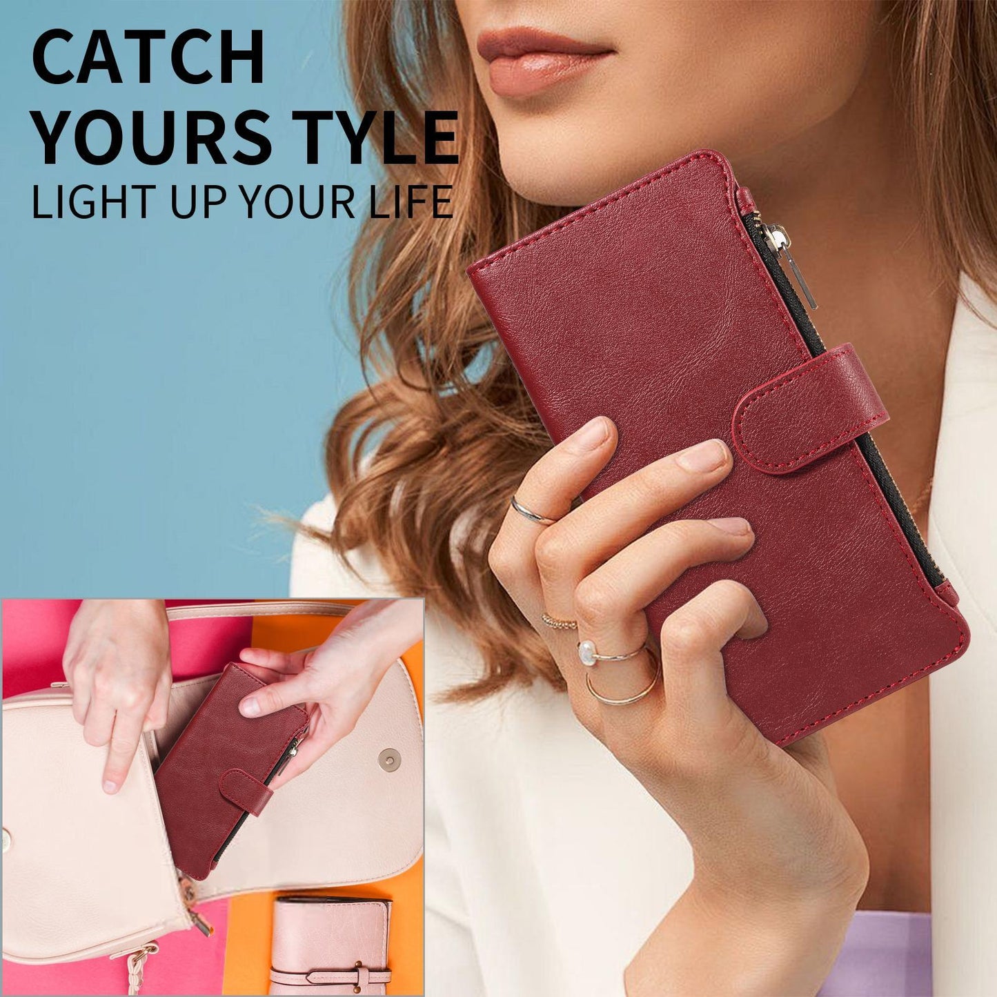 For Redmi 17 5G / 4G Global 170mm Imitation Calf Vegan Leather 9 Card Slots Zipper Phone Case with Wrist Strap(Red)